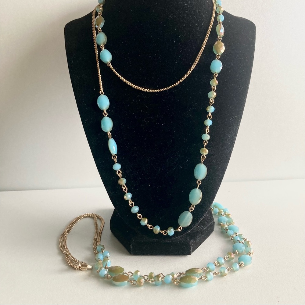 2 Gold tone-Accent Aqua Beaded Long preloved Necklace - Picture 3 of 8
